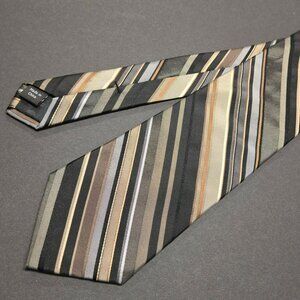 Perry Ellis Portfolio Mens Striped Classic Silk Tie Black Beige Brown 58"